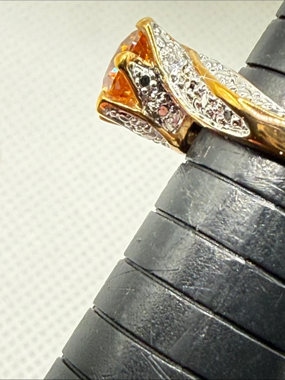 Vintage Gold-Tone plated Citrine Solitaire Ring Pavé Accents mixed metal glam